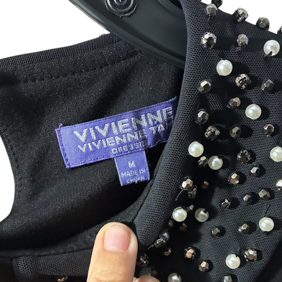 Vivienne Tam Black Dress W/Pearl and Bead Embellishments Mary Jane Collar M - Picture 6 of 9